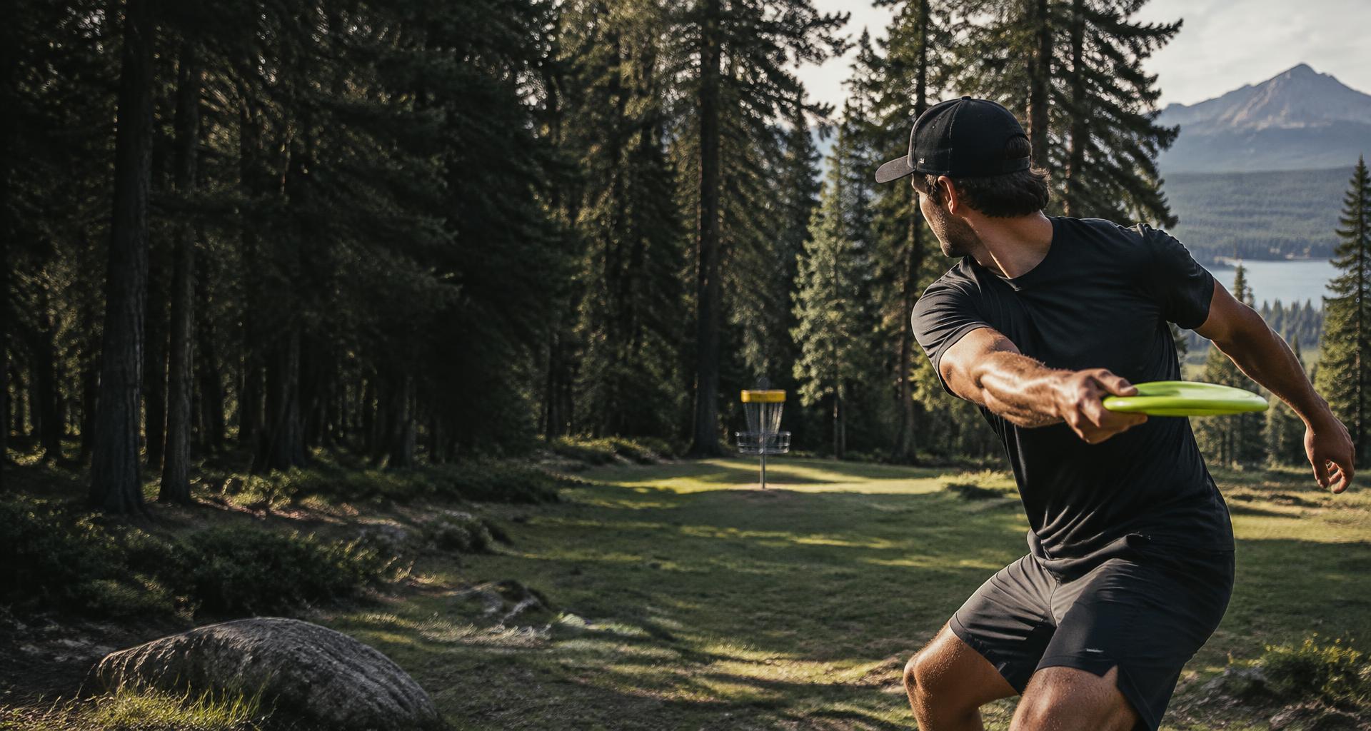 Discgolfspelare som tränar ett backhandkast på en skogsbana